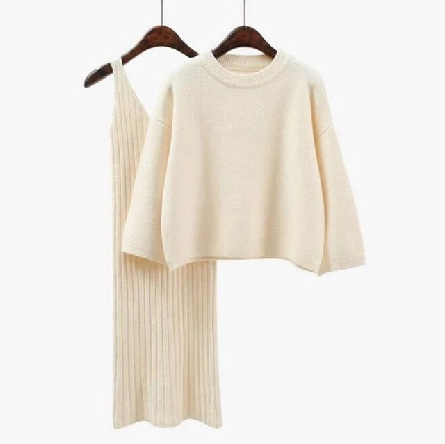 2018 Autumn Womans Sweater + Straped Dress Sets Solid Color Female Casual Two-Pieces Suits Loose Sweater Knit Mini Dress Winter