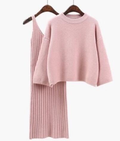 2018 Autumn Womans Sweater + Straped Dress Sets Solid Color Female Casual Two-Pieces Suits Loose Sweater Knit Mini Dress Winter