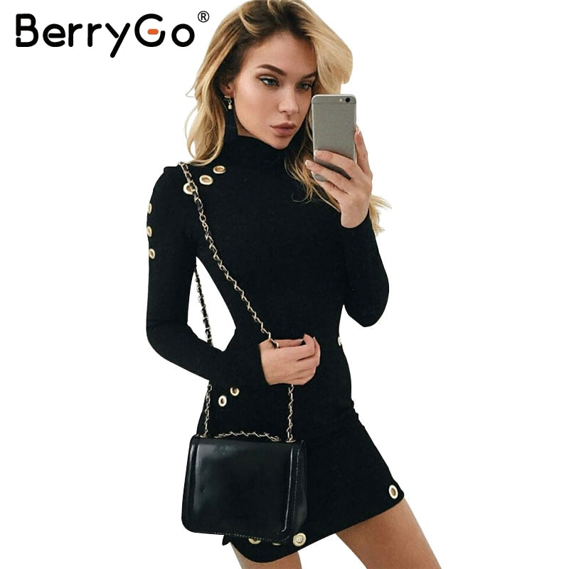 BerryGo Sexy hollow out cotton bodycon dress Women ladies long sleeve black dress Elegant party short dress vestidos de fiesta