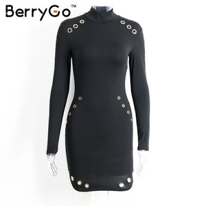 BerryGo Sexy hollow out cotton bodycon dress Women ladies long sleeve black dress Elegant party short dress vestidos de fiesta