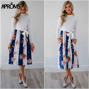 Aproms Chic Dot Floral Print Winter Midi Dress Women Autumn Fashion 2018 Long Sleeve Sashes Bow Tie Party Dresses Female Vestido