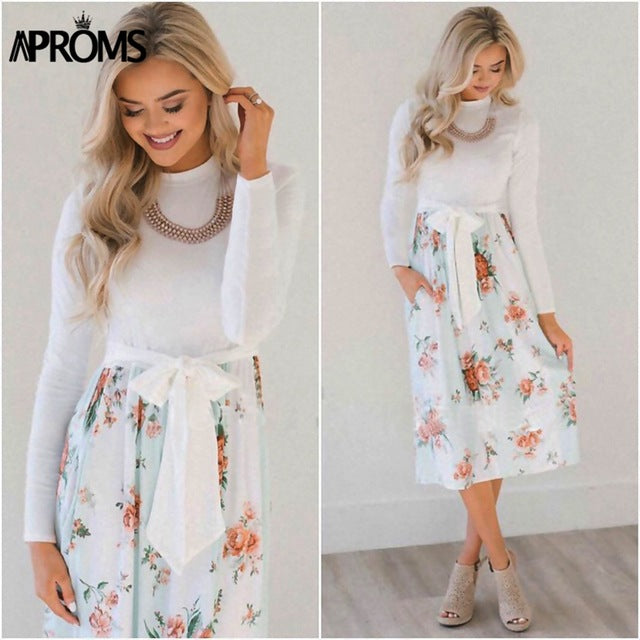 Aproms Chic Dot Floral Print Winter Midi Dress Women Autumn Fashion 2018 Long Sleeve Sashes Bow Tie Party Dresses Female Vestido