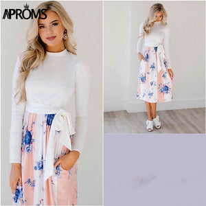 Aproms Chic Dot Floral Print Winter Midi Dress Women Autumn Fashion 2018 Long Sleeve Sashes Bow Tie Party Dresses Female Vestido