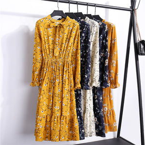 26 Colors Beautiful Fashion Spring Summer New Women Long Sleeved Dress Retro Collar Casual Slim Dresses Floral Printing Chiffon