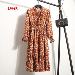 26 Colors Beautiful Fashion Spring Summer New Women Long Sleeved Dress Retro Collar Casual Slim Dresses Floral Printing Chiffon