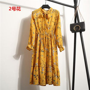 26 Colors Beautiful Fashion Spring Summer New Women Long Sleeved Dress Retro Collar Casual Slim Dresses Floral Printing Chiffon