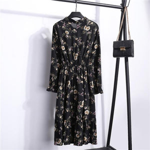 26 Colors Beautiful Fashion Spring Summer New Women Long Sleeved Dress Retro Collar Casual Slim Dresses Floral Printing Chiffon