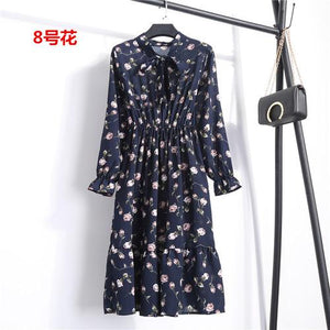 26 Colors Beautiful Fashion Spring Summer New Women Long Sleeved Dress Retro Collar Casual Slim Dresses Floral Printing Chiffon