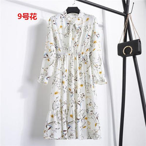 26 Colors Beautiful Fashion Spring Summer New Women Long Sleeved Dress Retro Collar Casual Slim Dresses Floral Printing Chiffon