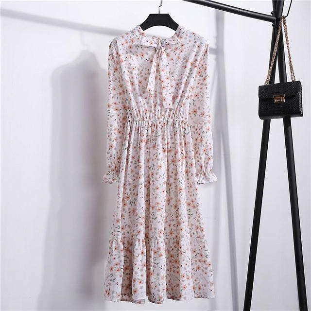 26 Colors Beautiful Fashion Spring Summer New Women Long Sleeved Dress Retro Collar Casual Slim Dresses Floral Printing Chiffon