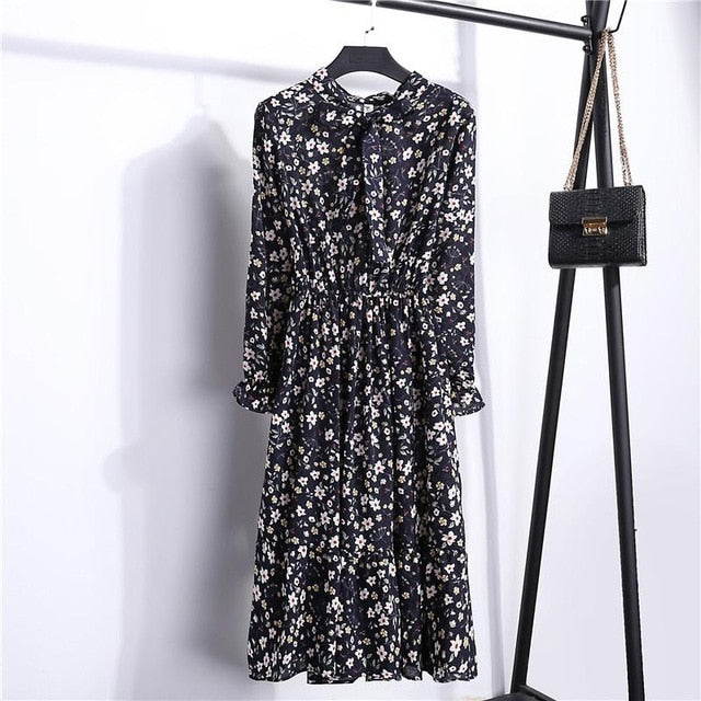 26 Colors Beautiful Fashion Spring Summer New Women Long Sleeved Dress Retro Collar Casual Slim Dresses Floral Printing Chiffon