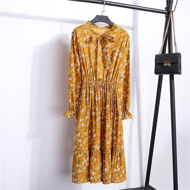 26 Colors Beautiful Fashion Spring Summer New Women Long Sleeved Dress Retro Collar Casual Slim Dresses Floral Printing Chiffon