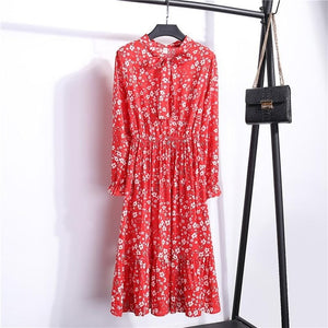 26 Colors Beautiful Fashion Spring Summer New Women Long Sleeved Dress Retro Collar Casual Slim Dresses Floral Printing Chiffon