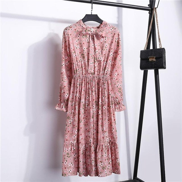 26 Colors Beautiful Fashion Spring Summer New Women Long Sleeved Dress Retro Collar Casual Slim Dresses Floral Printing Chiffon