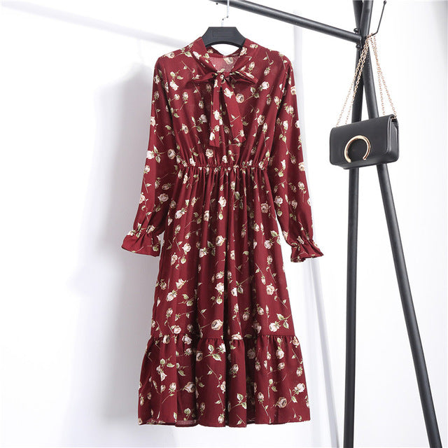 26 Colors Beautiful Fashion Spring Summer New Women Long Sleeved Dress Retro Collar Casual Slim Dresses Floral Printing Chiffon