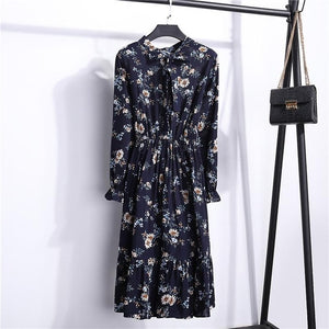 26 Colors Beautiful Fashion Spring Summer New Women Long Sleeved Dress Retro Collar Casual Slim Dresses Floral Printing Chiffon