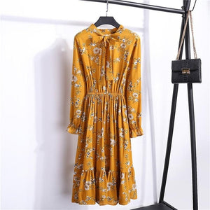 26 Colors Beautiful Fashion Spring Summer New Women Long Sleeved Dress Retro Collar Casual Slim Dresses Floral Printing Chiffon