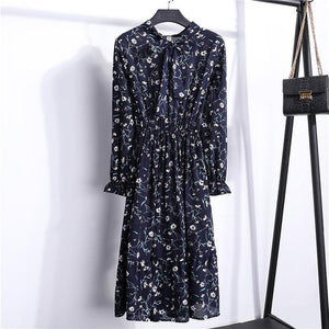 26 Colors Beautiful Fashion Spring Summer New Women Long Sleeved Dress Retro Collar Casual Slim Dresses Floral Printing Chiffon