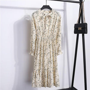 26 Colors Beautiful Fashion Spring Summer New Women Long Sleeved Dress Retro Collar Casual Slim Dresses Floral Printing Chiffon