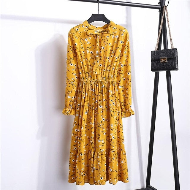 26 Colors Beautiful Fashion Spring Summer New Women Long Sleeved Dress Retro Collar Casual Slim Dresses Floral Printing Chiffon