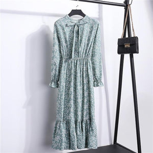 26 Colors Beautiful Fashion Spring Summer New Women Long Sleeved Dress Retro Collar Casual Slim Dresses Floral Printing Chiffon