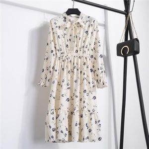 26 Colors Beautiful Fashion Spring Summer New Women Long Sleeved Dress Retro Collar Casual Slim Dresses Floral Printing Chiffon