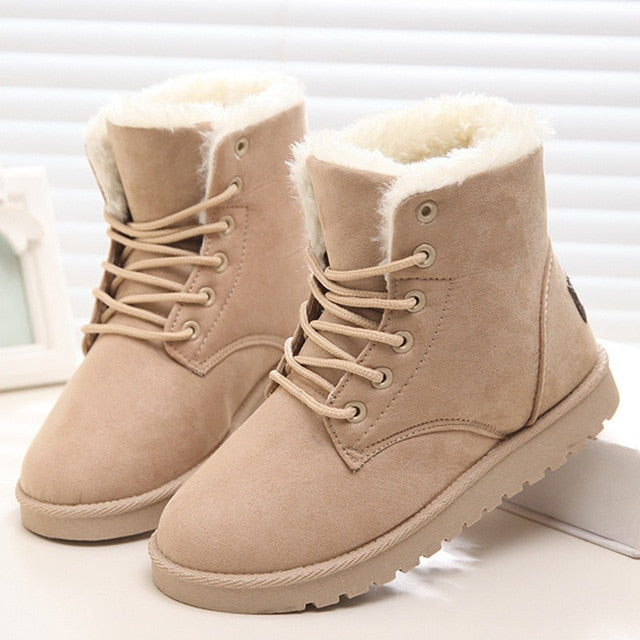 LAKESHI Hot Women Boots Winter Warm Snow Boots Women Botas Mujer Lace Up Fur Ankle Boots Ladies Winter Women Shoes Black NM01