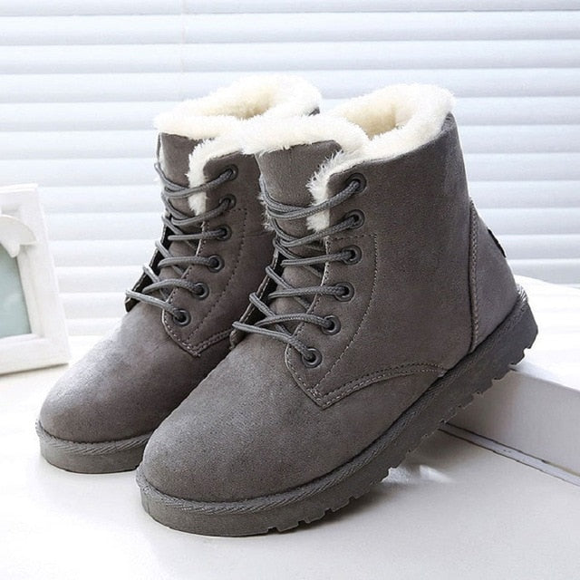 LAKESHI Hot Women Boots Winter Warm Snow Boots Women Botas Mujer Lace Up Fur Ankle Boots Ladies Winter Women Shoes Black NM01