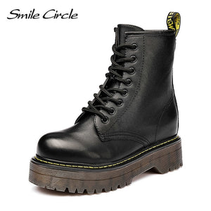 Smile Circle Size36-41 Chunky Motorcycle Boots For Women Autumn 2018 Fashion Round Toe Lace-up Combat Martin Boots Ladies Shoes