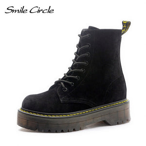 Smile Circle Size36-41 Chunky Motorcycle Boots For Women Autumn 2018 Fashion Round Toe Lace-up Combat Martin Boots Ladies Shoes