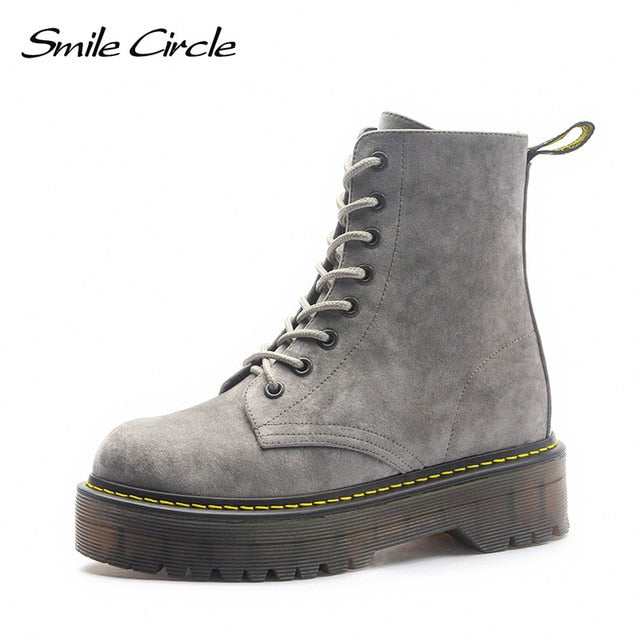 Smile Circle Size36-41 Chunky Motorcycle Boots For Women Autumn 2018 Fashion Round Toe Lace-up Combat Martin Boots Ladies Shoes