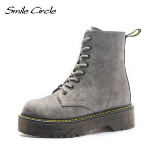 Smile Circle Size36-41 Chunky Motorcycle Boots For Women Autumn 2018 Fashion Round Toe Lace-up Combat Martin Boots Ladies Shoes