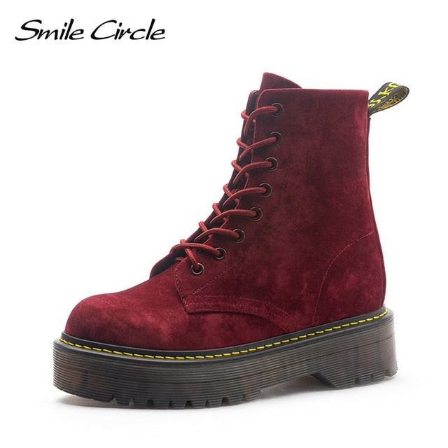 Smile Circle Size36-41 Chunky Motorcycle Boots For Women Autumn 2018 Fashion Round Toe Lace-up Combat Martin Boots Ladies Shoes