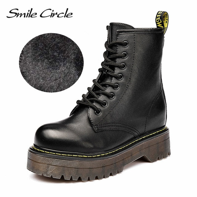 Smile Circle Size36-41 Chunky Motorcycle Boots For Women Autumn 2018 Fashion Round Toe Lace-up Combat Martin Boots Ladies Shoes