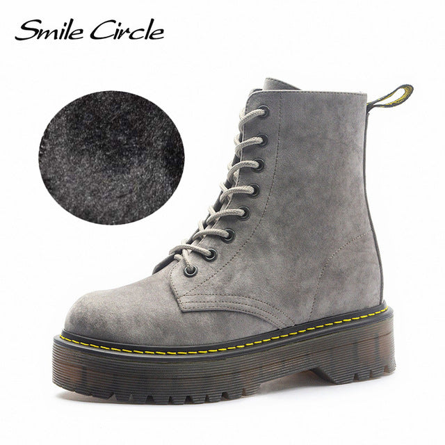 Smile Circle Size36-41 Chunky Motorcycle Boots For Women Autumn 2018 Fashion Round Toe Lace-up Combat Martin Boots Ladies Shoes