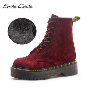 Smile Circle Size36-41 Chunky Motorcycle Boots For Women Autumn 2018 Fashion Round Toe Lace-up Combat Martin Boots Ladies Shoes