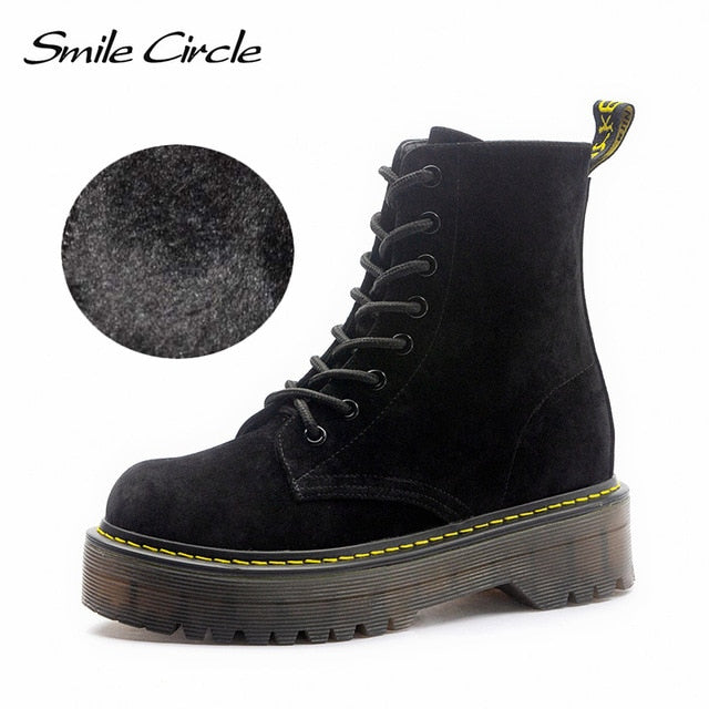 Smile Circle Size36-41 Chunky Motorcycle Boots For Women Autumn 2018 Fashion Round Toe Lace-up Combat Martin Boots Ladies Shoes