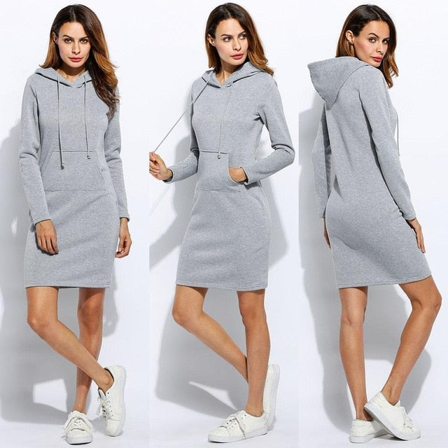 Vestidos Women Fleeces Fashion Hooded Full Drawstring Dress Sweatshirt Size Dress 2018 Dresses Plus Hoodies Sleeves Winter Women