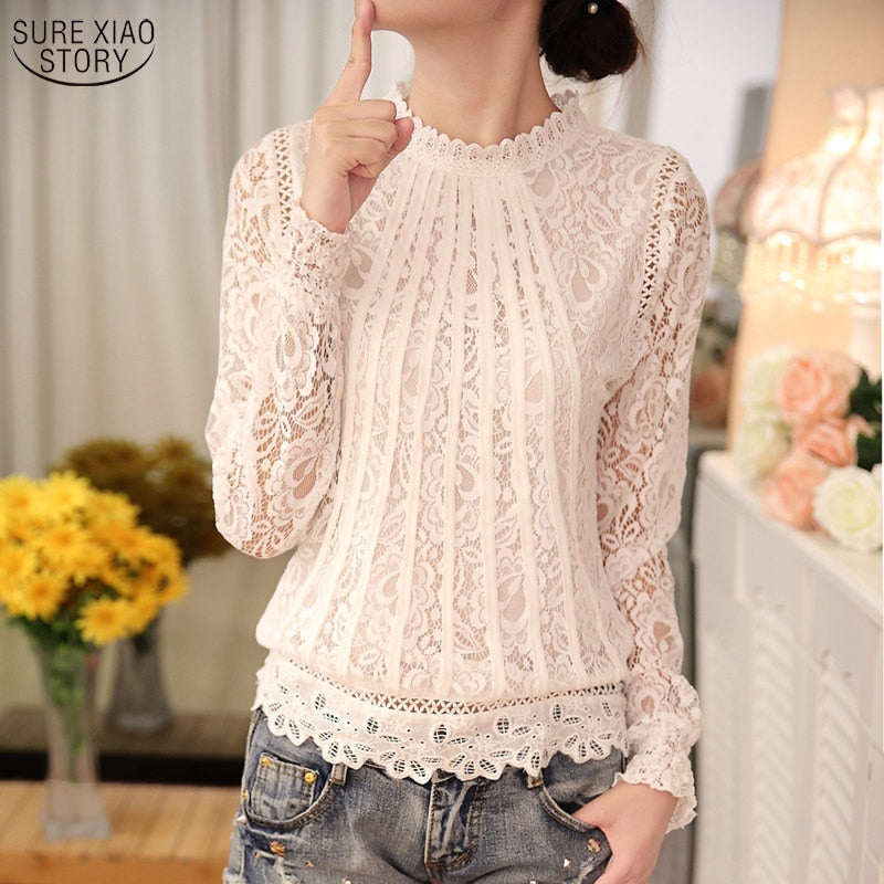 2018 New autumn Ladies White Blusas Women's Long Sleeve Chiffon Lace Crochet Tops Blouses Women Clothing Feminine Blouse 51C