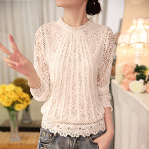 2018 New autumn Ladies White Blusas Women's Long Sleeve Chiffon Lace Crochet Tops Blouses Women Clothing Feminine Blouse 51C