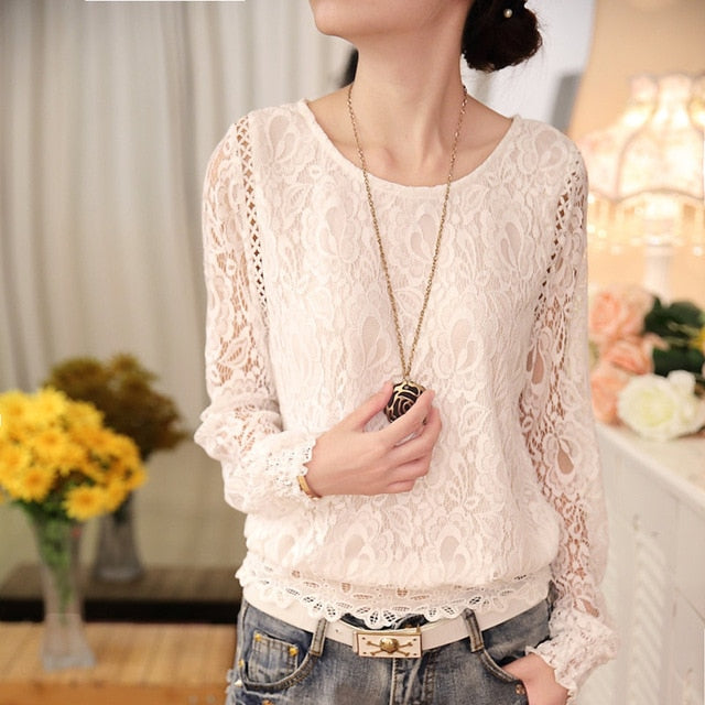 2018 New autumn Ladies White Blusas Women's Long Sleeve Chiffon Lace Crochet Tops Blouses Women Clothing Feminine Blouse 51C