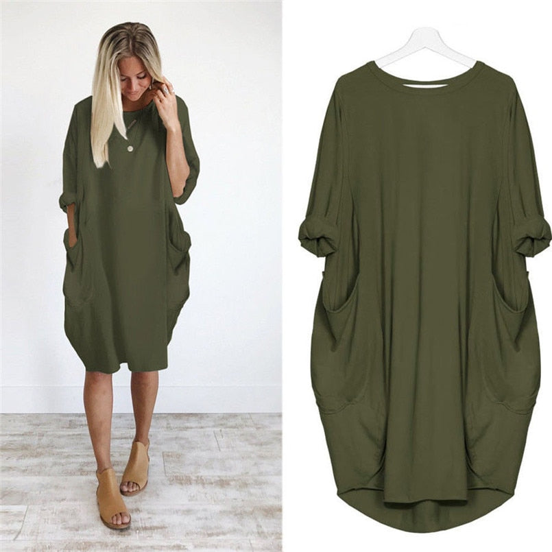 2018 Hot Sale Autumn Winter Womens Fashion Pocket Loose Dress Ladies Solid Crew Neck Casual Long Tops Dress Plus Size vestido