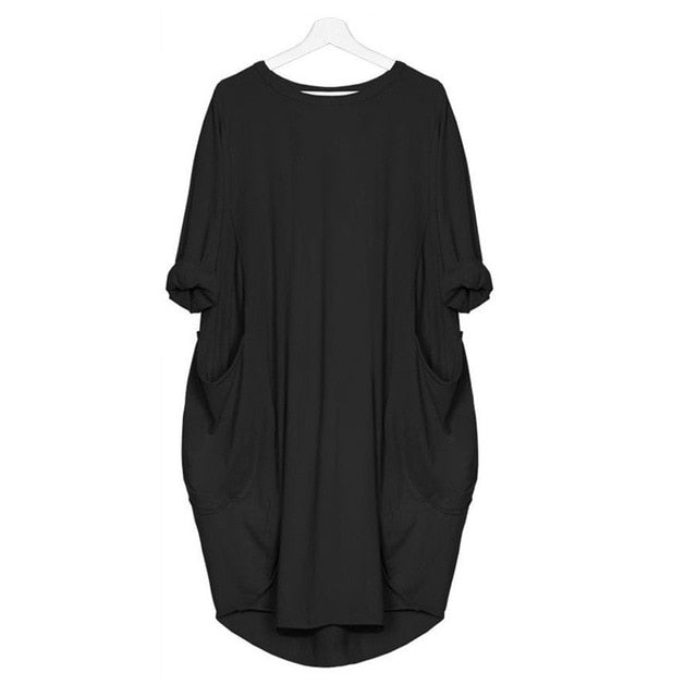 2018 Hot Sale Autumn Winter Womens Fashion Pocket Loose Dress Ladies Solid Crew Neck Casual Long Tops Dress Plus Size vestido