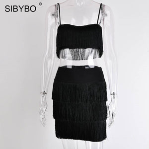 SIBYBO Tassel Strapless Sexy Two Pieces Set  Bandage Dress 2018 Red White Summer Women Dress Elegant  Mini Club Party Dresses