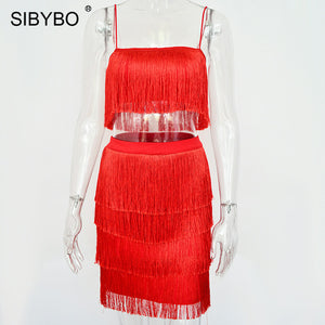 SIBYBO Tassel Strapless Sexy Two Pieces Set  Bandage Dress 2018 Red White Summer Women Dress Elegant  Mini Club Party Dresses