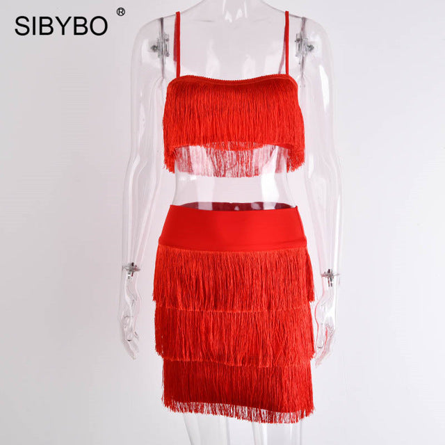 SIBYBO Tassel Strapless Sexy Two Pieces Set  Bandage Dress 2018 Red White Summer Women Dress Elegant  Mini Club Party Dresses