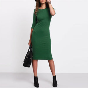 COLROVIE Work Summer Style Women Bodycon Dresses Sexy Casual Green Crew Neck Half Sleeve Midi Dress