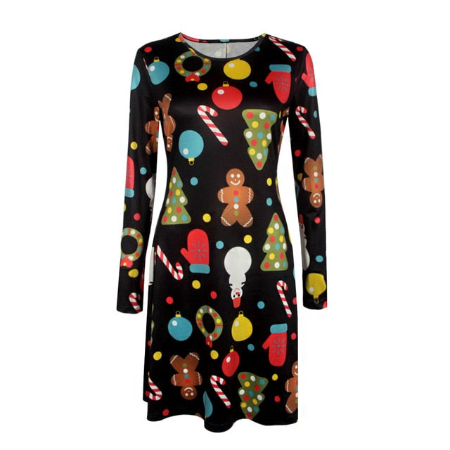 Large Size Print Dress For Women 2018 Autumn New Christmas Cartoon Casual Dresses Long Sleeve Mini Dress Plus Size S-5XL On Sale