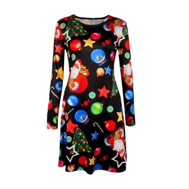 Large Size Print Dress For Women 2018 Autumn New Christmas Cartoon Casual Dresses Long Sleeve Mini Dress Plus Size S-5XL On Sale