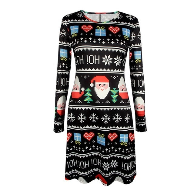 Large Size Print Dress For Women 2018 Autumn New Christmas Cartoon Casual Dresses Long Sleeve Mini Dress Plus Size S-5XL On Sale